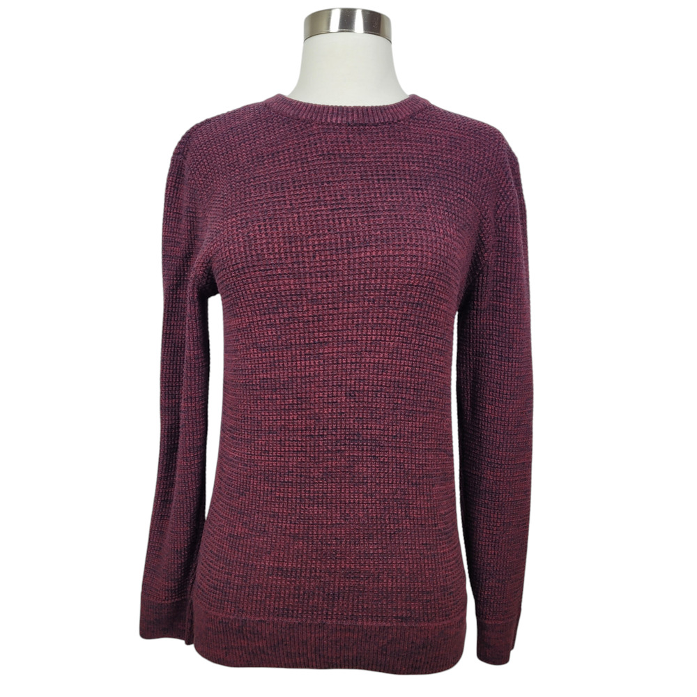 H&M Men's Long Sleeve Burgundy Black Heathered Round Neck Waffle Knit Sweater XS